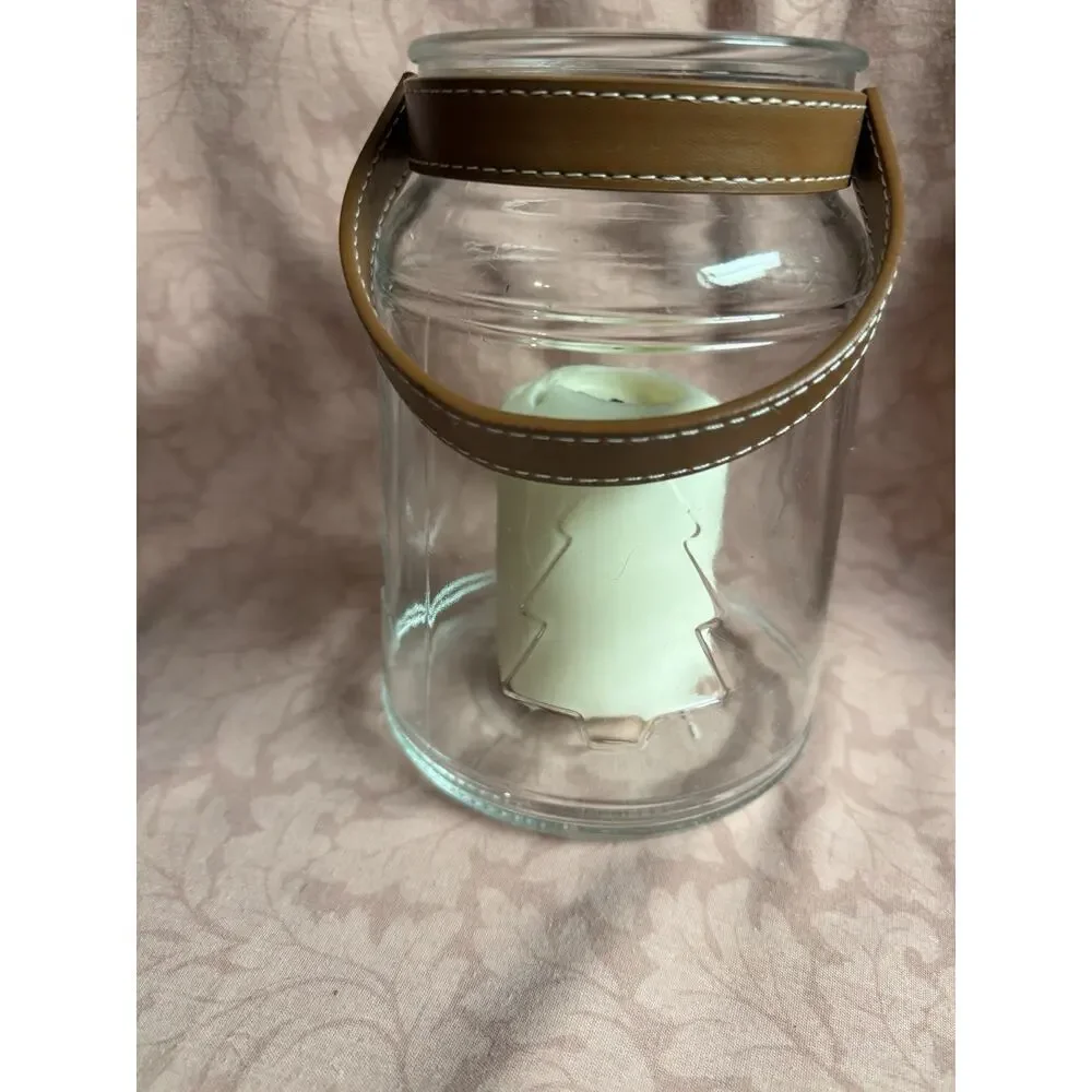 Glass Lantern with Embossed Tree Faux Leather Handle Christmas/ Winter Decor